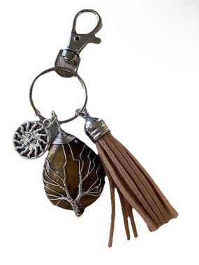 Key Chain Stone Tiger Eye Silver Tone Leather Tassel